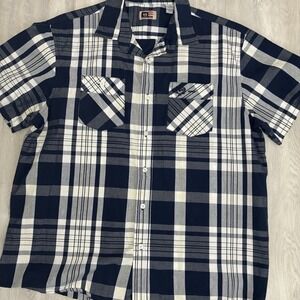 Phat Farm Men's XL Plaid Cotton Button-Up Shirt Navy White Yellow Short Sleeve